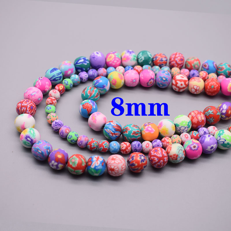 Cuentas de arcilla polimérica de 6/8/10mm, cuentas con estampado de flores, cuentas redondas sueltas para hacer joyería, pulsera DIY: Negro