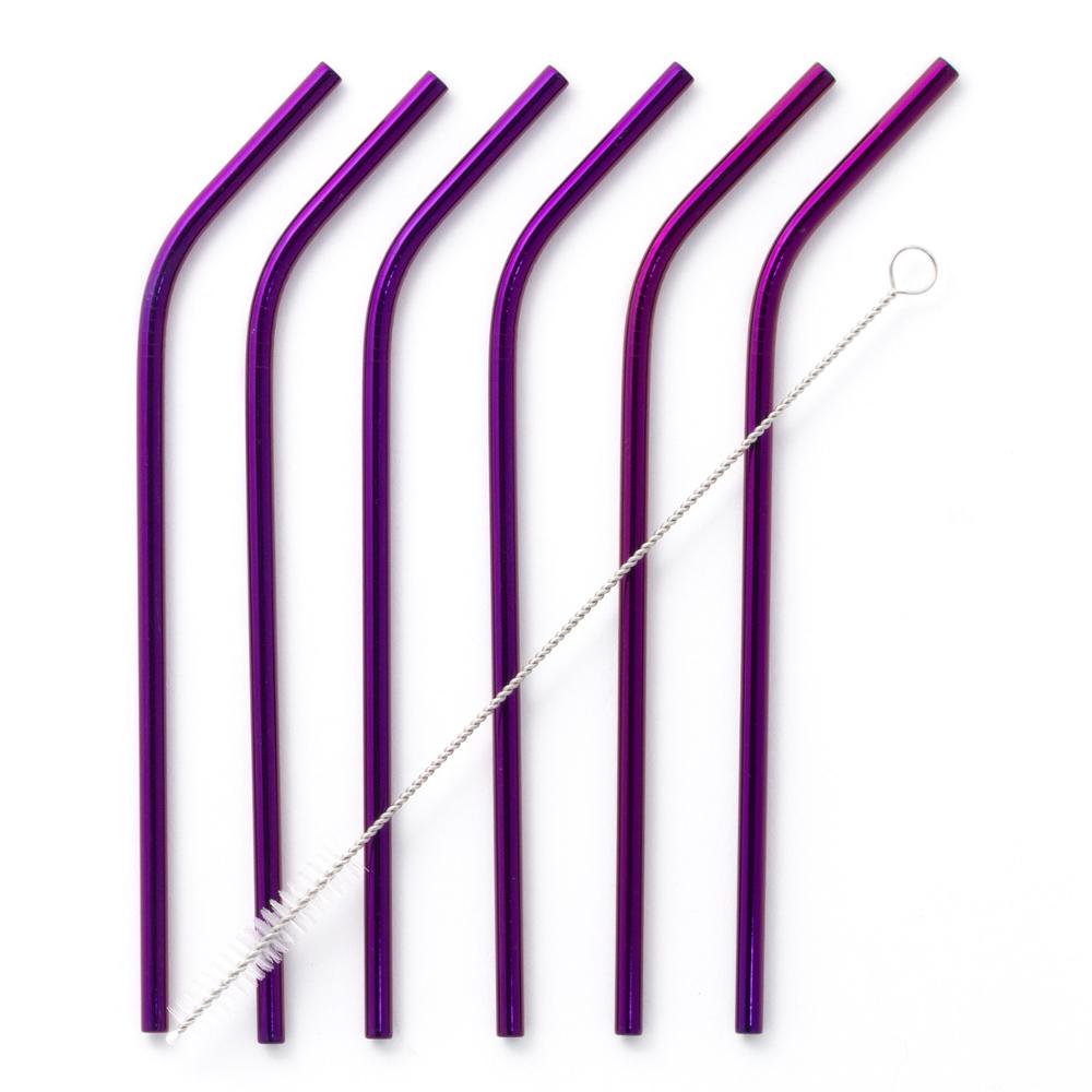 SKLUM- Pack de 6 pajitas Kürv Metalizadas múltiples colores acero inoxidable con acabado brillante reutilizables incluye cepillo de limpieza: Purple