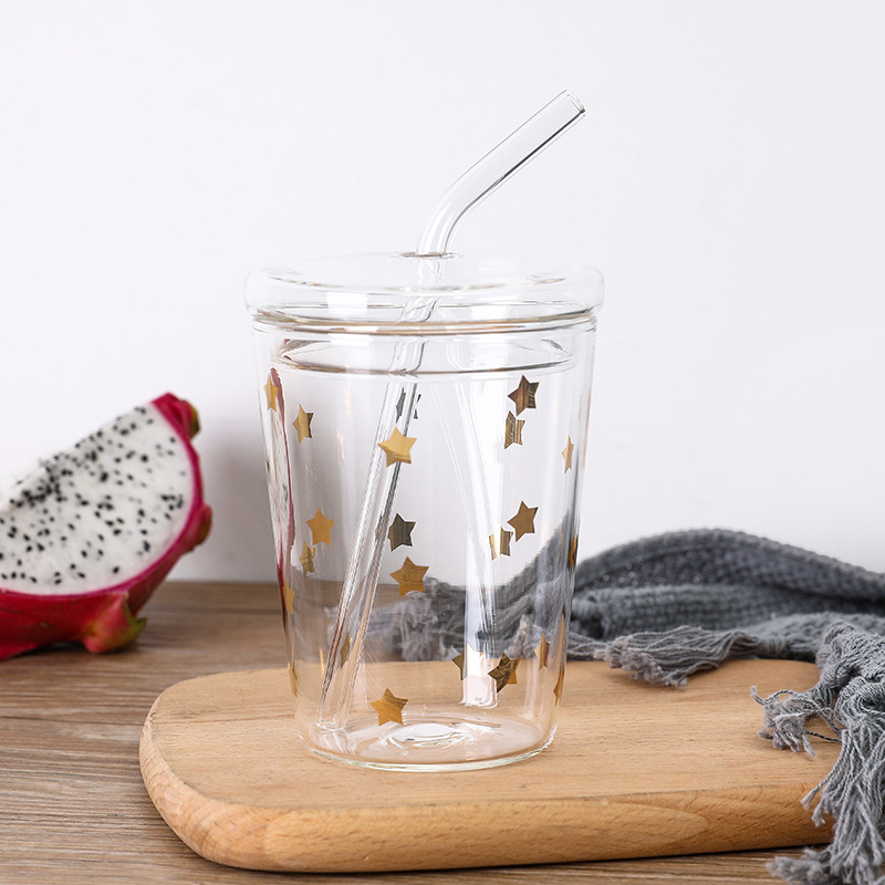 Tumblers med lock och sugrör glas 12 oz vattenflaska resemugg för vatten, saftglas kopp och klart lock halm