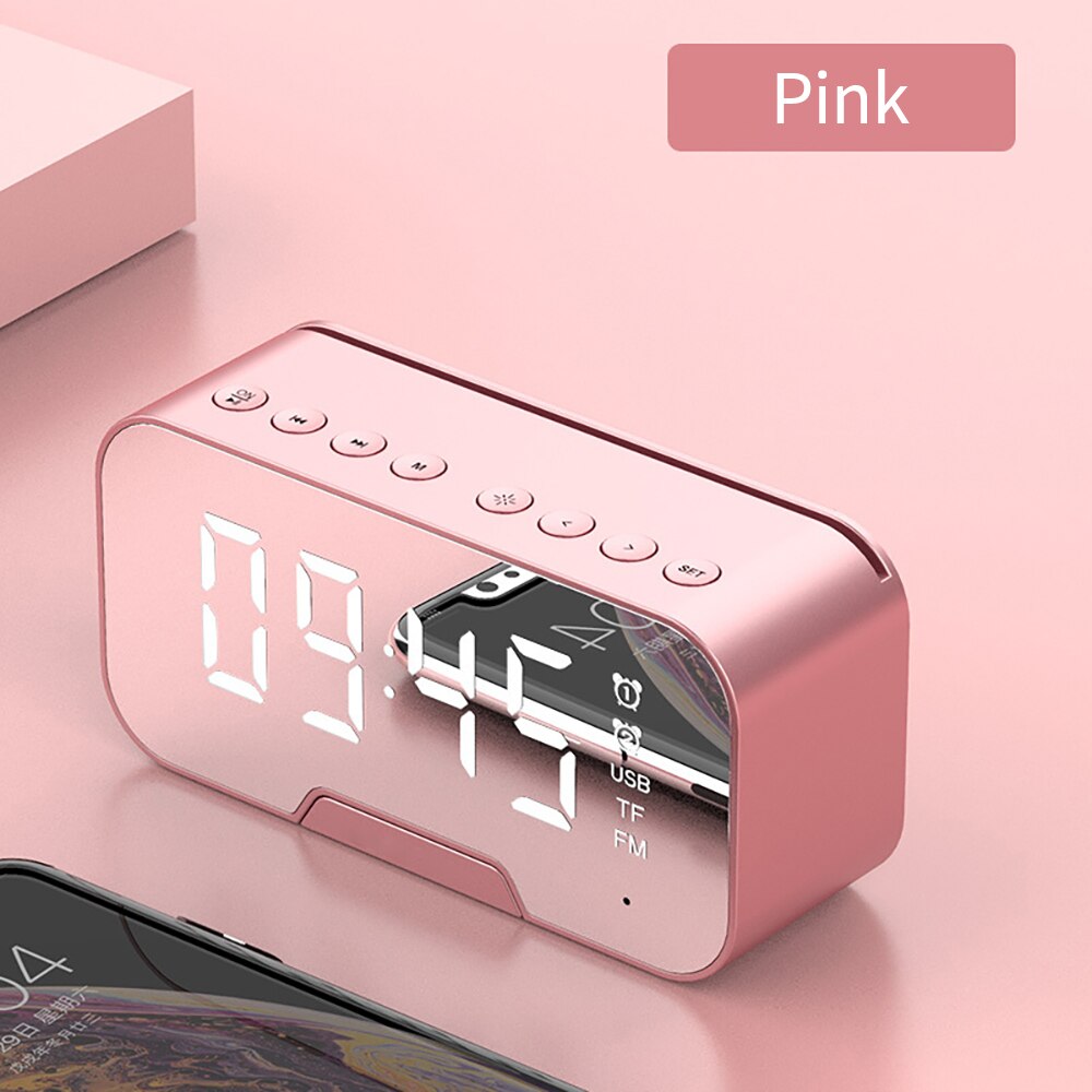 Bluetooth Speaker Met Fm Radio Led Spiegel Wekker Subwoofer Muziekspeler Snooze Desktop Klok Draadloze: pink