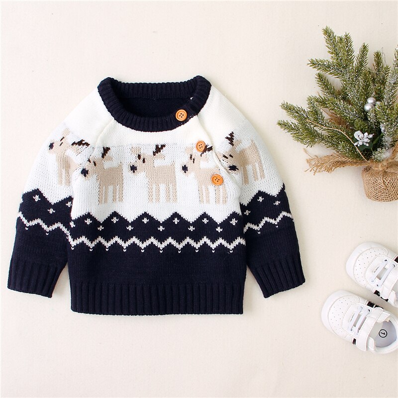 Baby dreng pige vinter jul strikket sweater rund hals langærmet løs elg mønster toppe xmas tøj 3-18 måneder