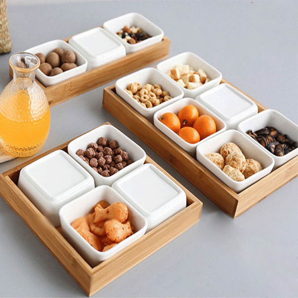 Japan Style Kitchen Organizer Ceramic Bowls Food Storage Containers with Bamboo Lid and Pallets Snack Serving Tray