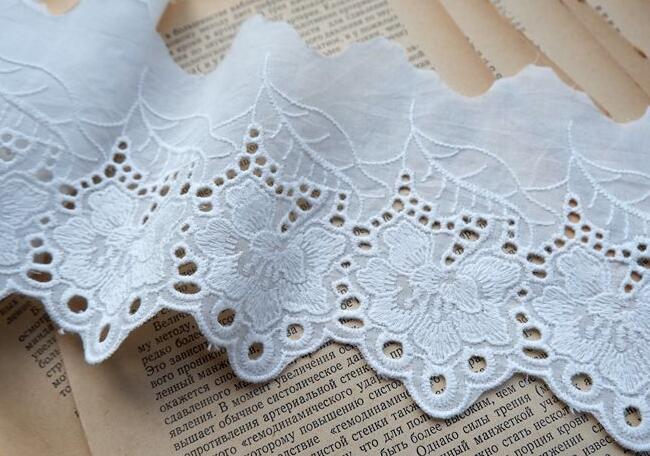 1 Yard White Cotton Floral Embroidery Lace Trim – Tassel Edge For Sewing Crafts