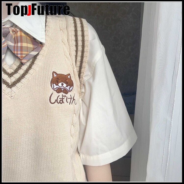 Shiba inu japansk jentestrikket vestversatile genser skoleuniform cardigans jk uniform beige naken hund broderigenser