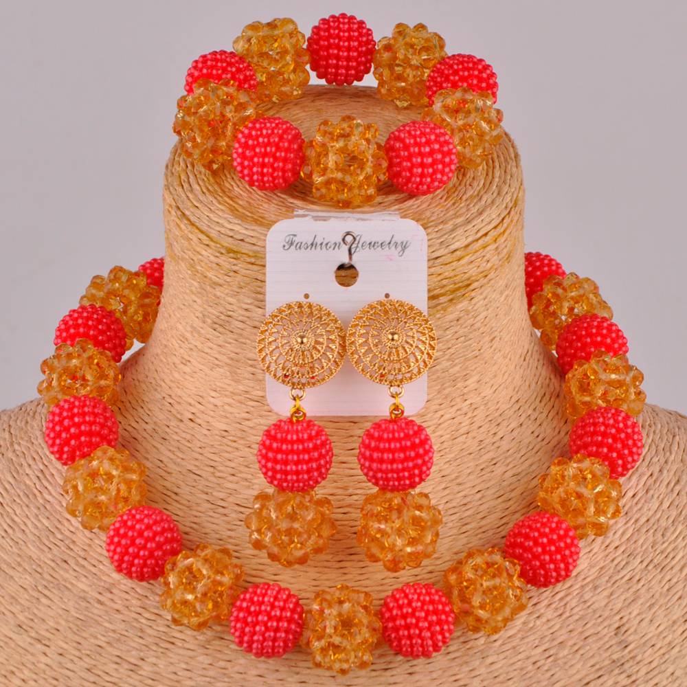 Royal Blue and Yelow African Beads Jewelry Set: Red Gold