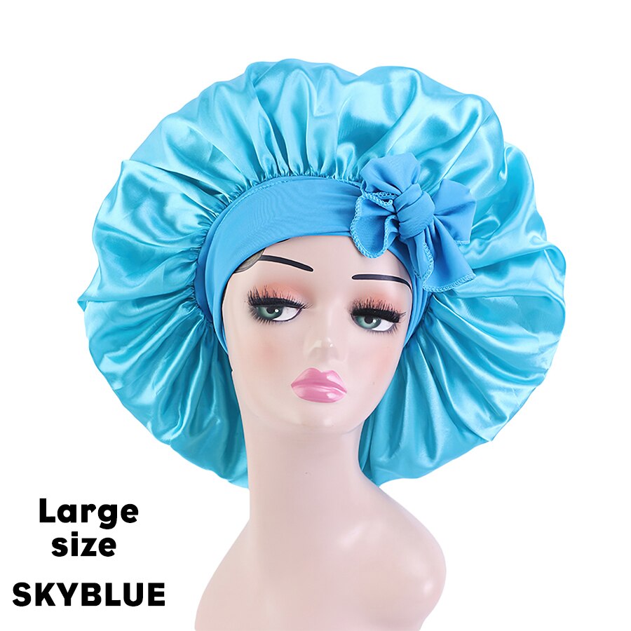 Satin Bonnet Silk Bonnet With Elastic Tie Band Large Adjustable Straps Hair Bonnet Jumbo Size For Sleeping Curly Braid Hair: L SKYBLUE