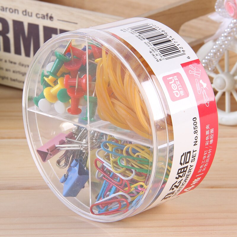 1 paquete de artículos de papelería, conjunto de Clips circulares para sujetar papel, Clips para Carpeta, banda de goma, suministros para oficina y Escuela Deli 8500