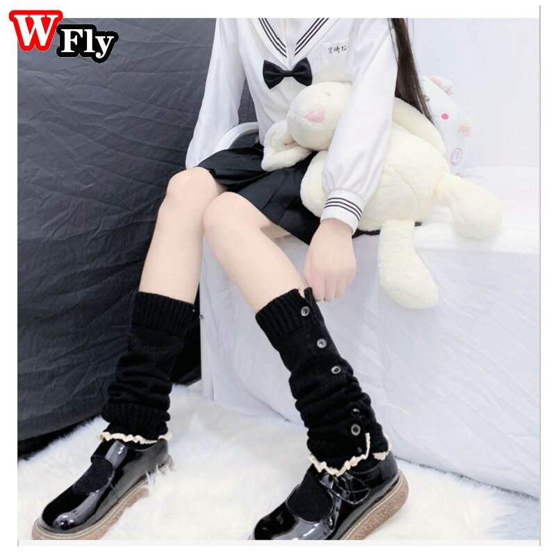 Calentadores de pierna con botón para mujer, medias, calentador de piernas JK Lolita Kawaii, tejido de lana, calentador de piernas, conjunto de botas de manga