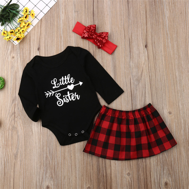 Family Matching Clothes Big Sister T-shirt Little Sister Romper+Plaid Dress Outfits