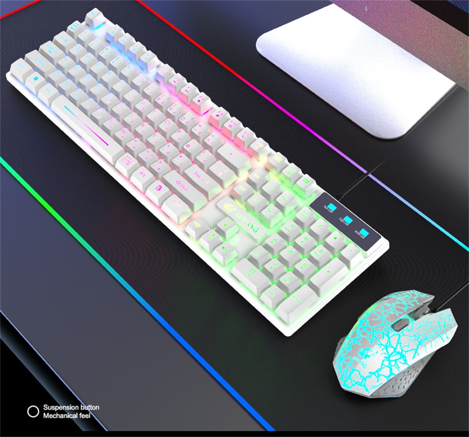 Japanese Rainbow RGB multi-backlit USB cable game radium luminous hanging 104 key keyboard and 2400 adjustable DPI mouse set