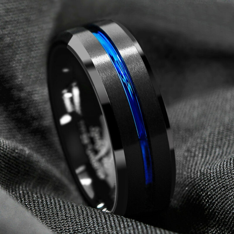 Fdlk 8Mm Zwart Geborsteld Hardmetaal Ring Blauwe Lijn-Binnen Wedding Band Mannen Sieraden Vaderdag man Anniversary