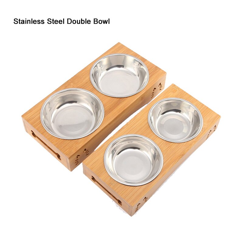 Pawstrip pet dubbele hondenkom, bamboe, roestvrij staal, keramische kattenbak, hondenvoerbak, voerbak, waterbak voor honden, dierenwinkel: Stalen dubbele boog / M