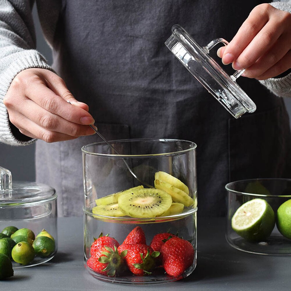 Stapelbaar Hittebestendige Glazen Kom Transparant Slakom Innovatieve Dessert Fruit Doos Met Graan Jar Keuken Kom Servies