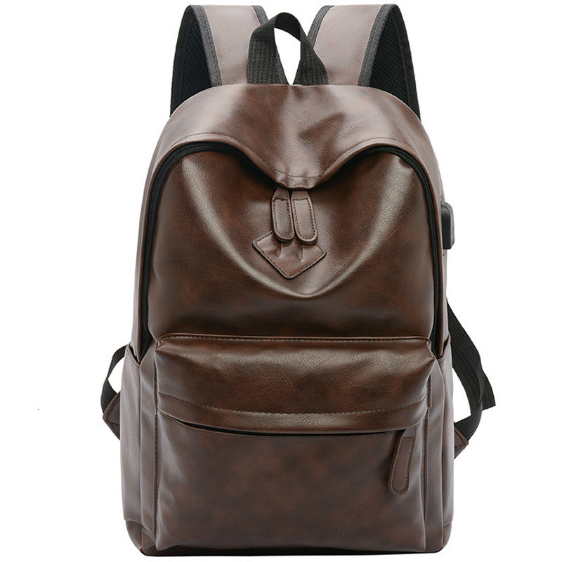 Mochila masculina casual de couro pu, bolsa de ombro para homens, viagem, preta, para adolescentes, com carregamento usb, anti-roubo: brown2