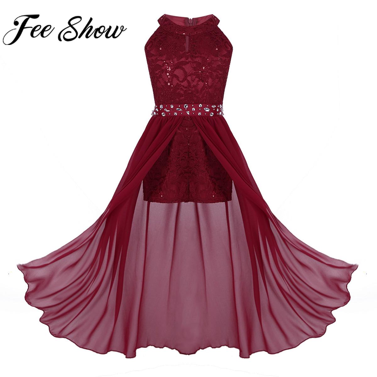 Meisjes Lyrische Dans Turnpakje Jurk Dancewear Mouwloze Bloemen Kant Strass Bruiloft Verjaardag Feestjurk