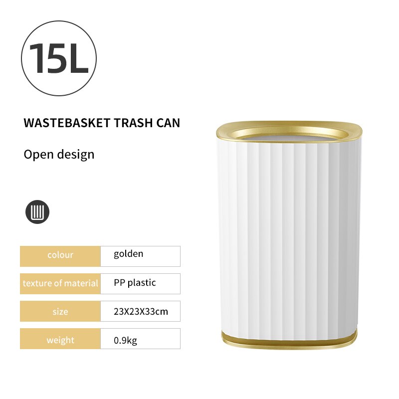 9L/12L/15L Kitchen Trash Can Kitchen Compost Bin Vertical Home use Wastebasket Office Bathroom Paper Garbage Can Storage Bucket: 15L gold