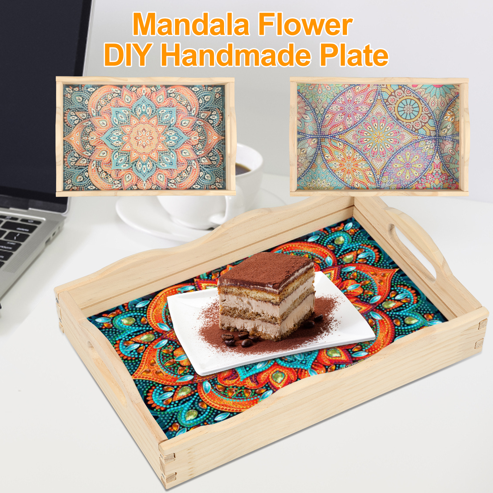 kit vassoio da portata con diamanti fai da te vassoio per alimenti con diamanti fai da te vassoio da portata in legno con diamanti in stile fiore colorato con manici per il cibo