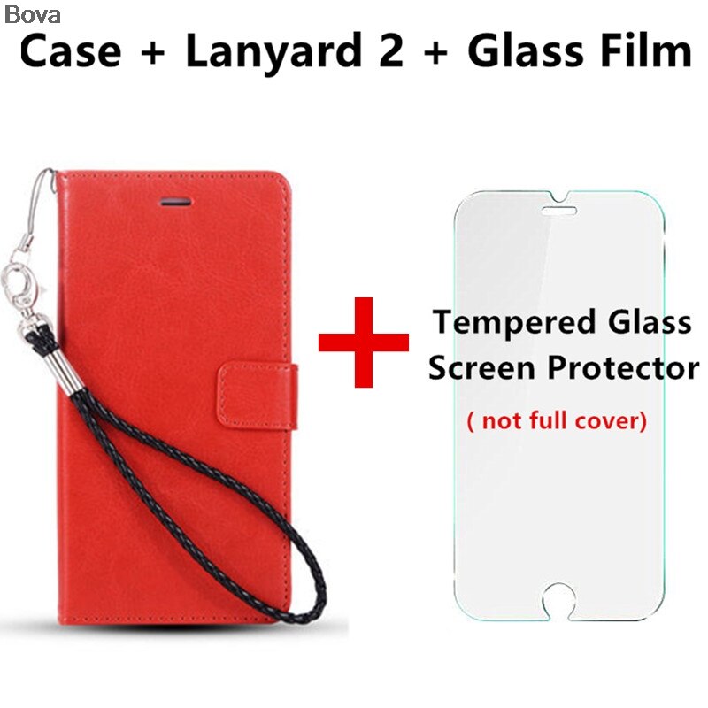 Honor 4C card holder cover case for Huawei Honor 4C leather phone case ultra thin wallet flip cover: Red Lanyard2 Film