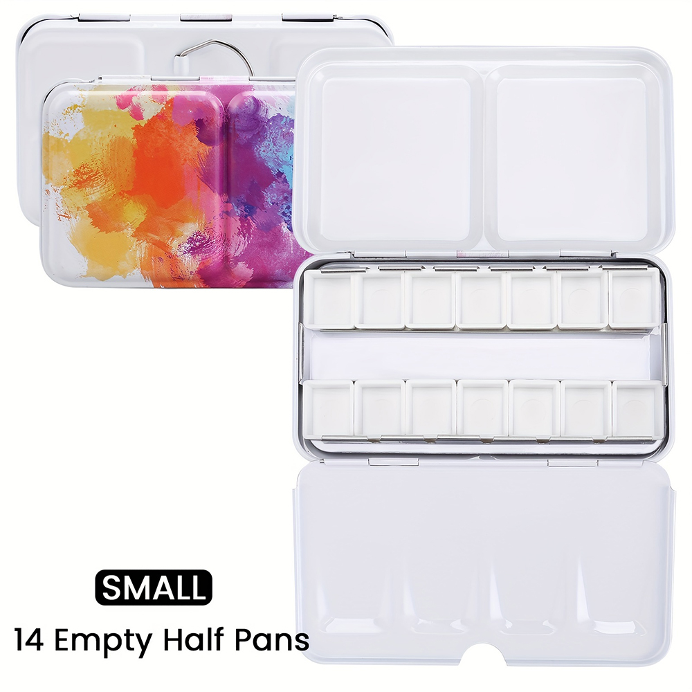 Paleta de acuarela vacía, caja de pintura de paleta de lata de acuarela vacía de Metal con 14 Uds. De medias sartenes para paleta de acuarelas de viaje DIY: BLANCO