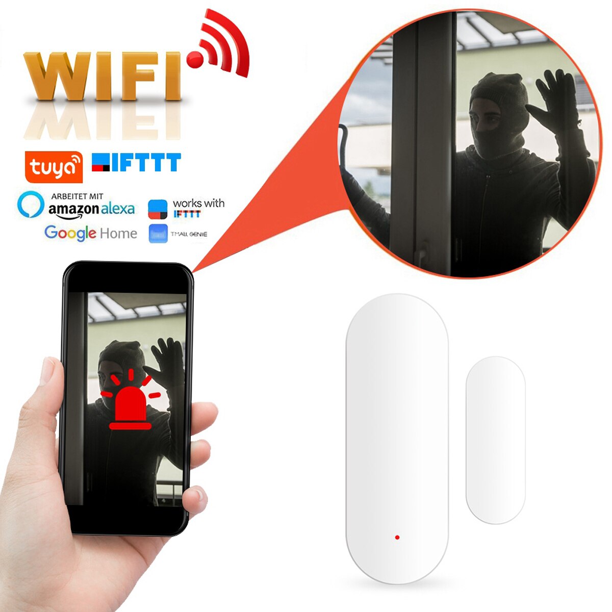 Window Sensor 2.4G Magnetic Strip Detectors Voice Control Window Sensor Wireless Smart WiFi Door With Adhesive Sticker