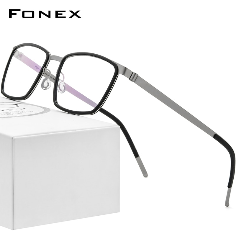 FONEX Acetate Lichtmetalen Bril Frames Voor Mannen Vierkante Bijziendheid Optische Brillenglazen Frames Schroefloos Eyewear 98629: Black Grey