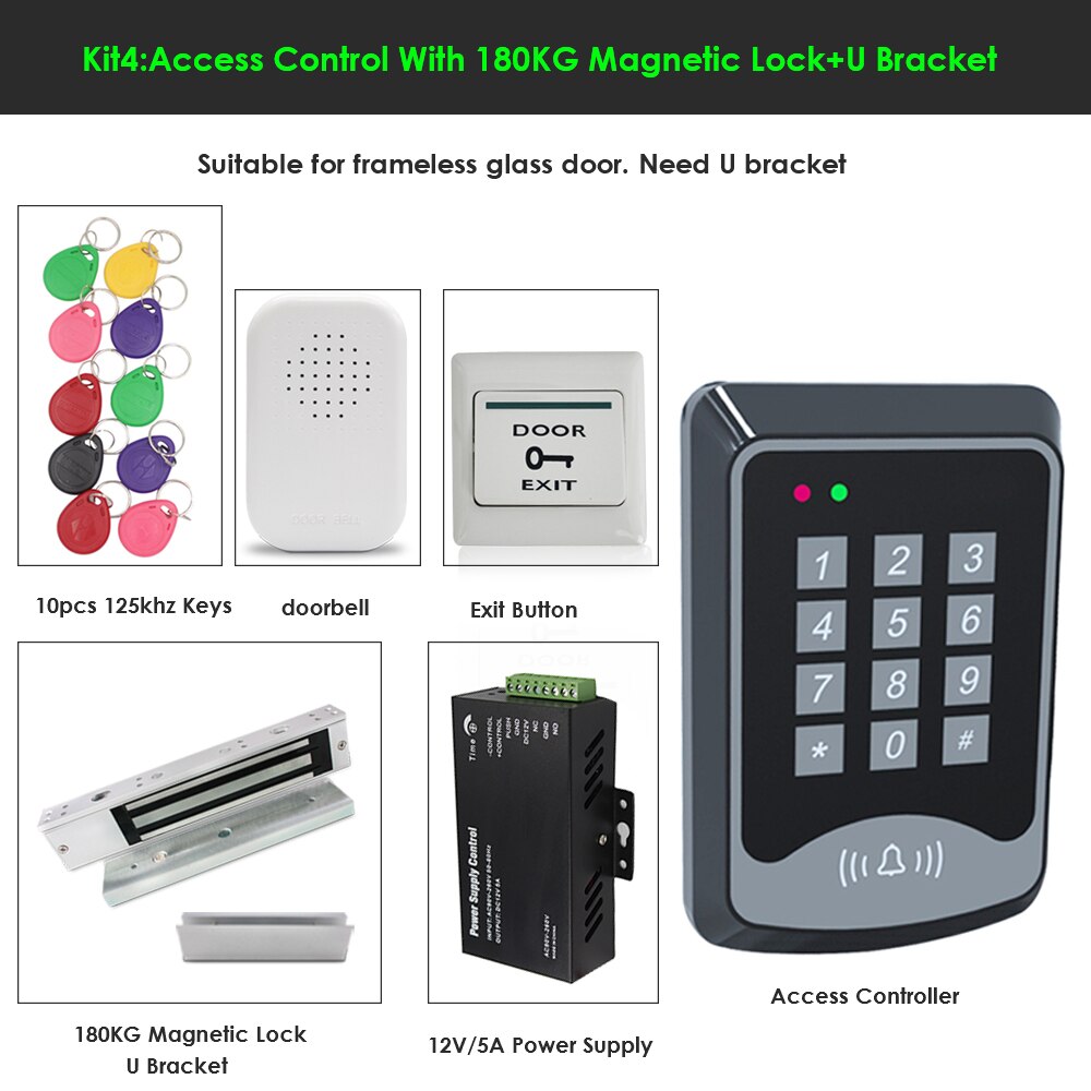 RFID keyboard keys Smart Door Access Control System With Power Supply 180KG electronic lock Door Access Control System Kit: Kit 4
