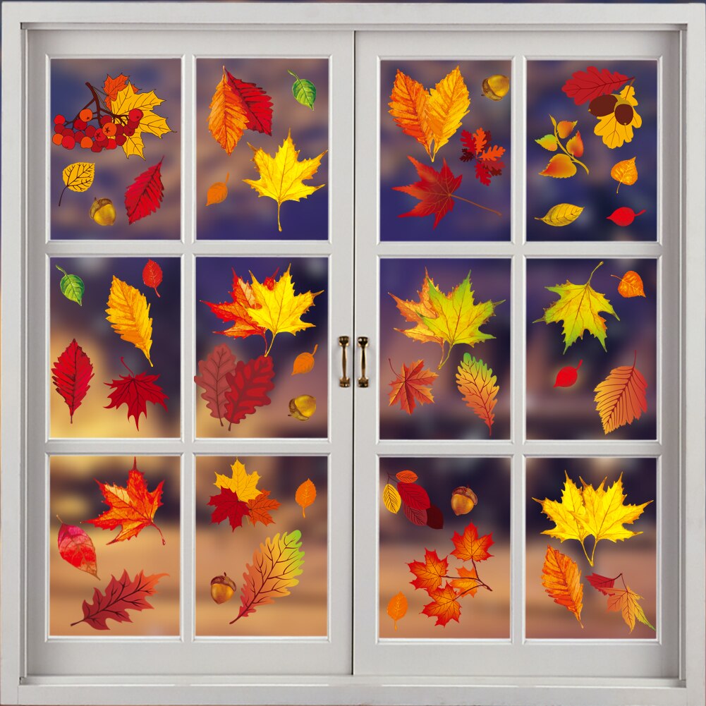8pcs/set No Glue Removable Autumn Maple Leaves Wall Art Static Sticker Home Decor Window Clings Universal PVC Long Lasting DIY