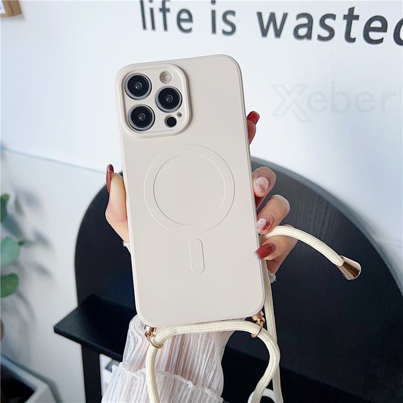 Funda magnética de silicona líquida con cordón cruzado para iPhone 16 15 Pro Max 14 13 12 11, collar para cubierta de carga inalámbrica Magsafe: Para iphone11ProMax (6,5 ") / Azul