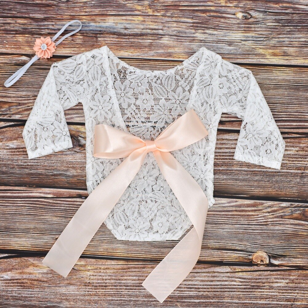 Baby Born Photography Props cap Embroidery Lace Baby Romper Jumpsuit Newborn Photo Shoot Accessories Girl Costumes: Beige