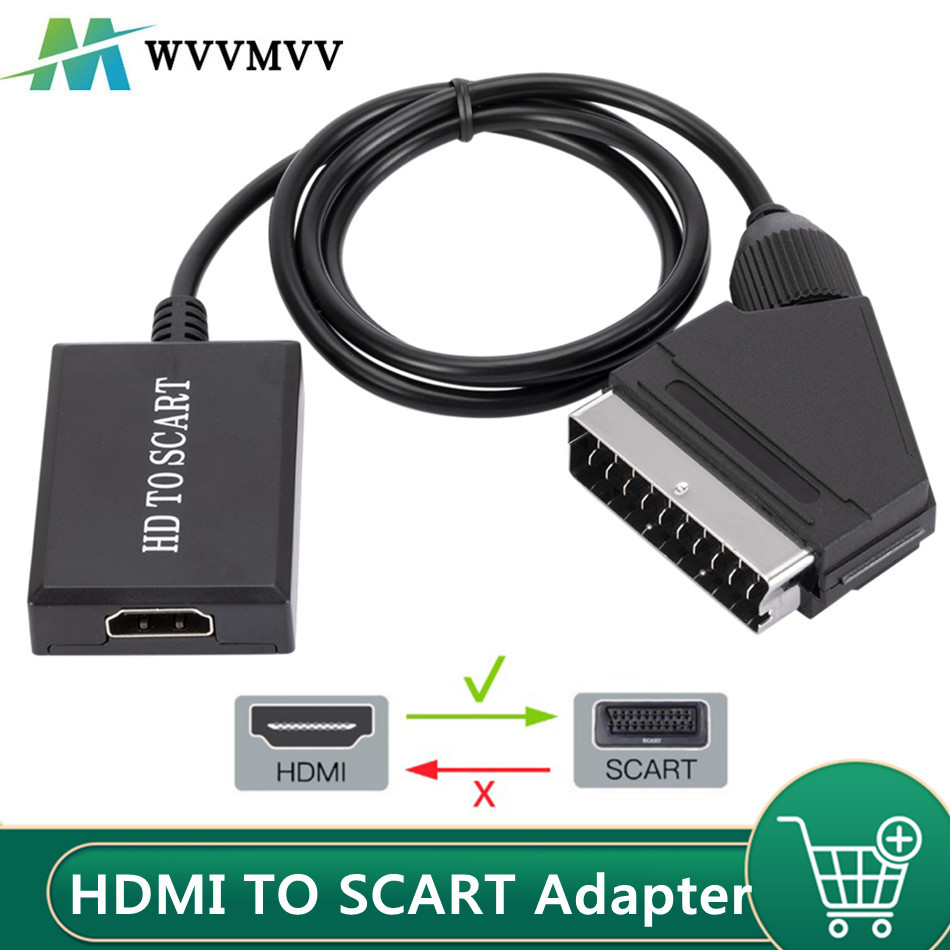 1080P Hdmi Naar Scart Video Audio Upscale Converter Adapter Voor Hd Tv Dvd Voor Sky Box Stb Plug En spelen Dc Kabel