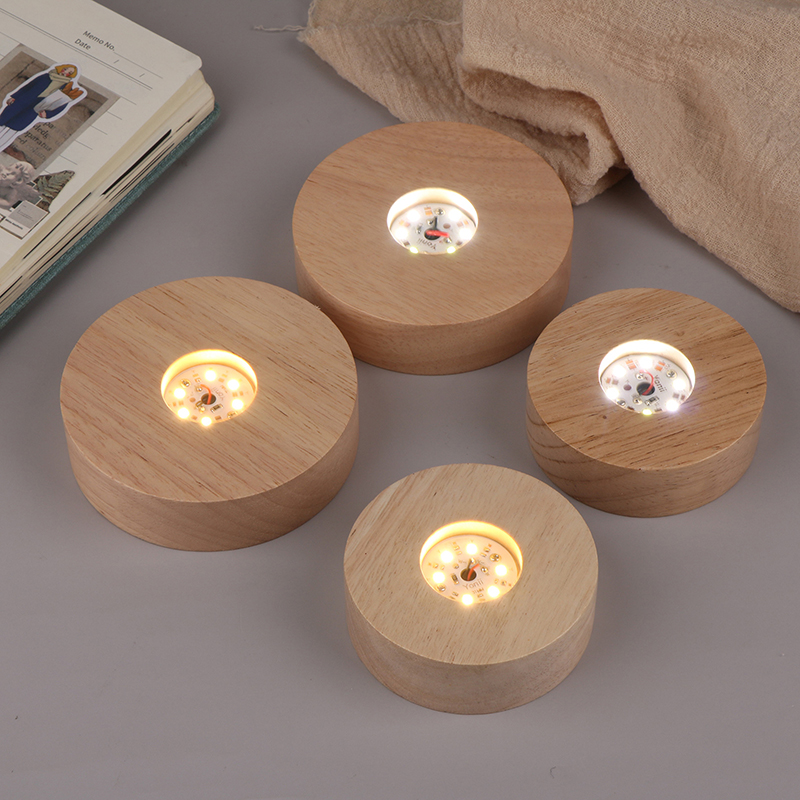 Base d'affichage de lumière LED ronde en bois à piles, 8/10cm, support de lampe de nuit capable, verre de cristal, résine, ornements artistiques