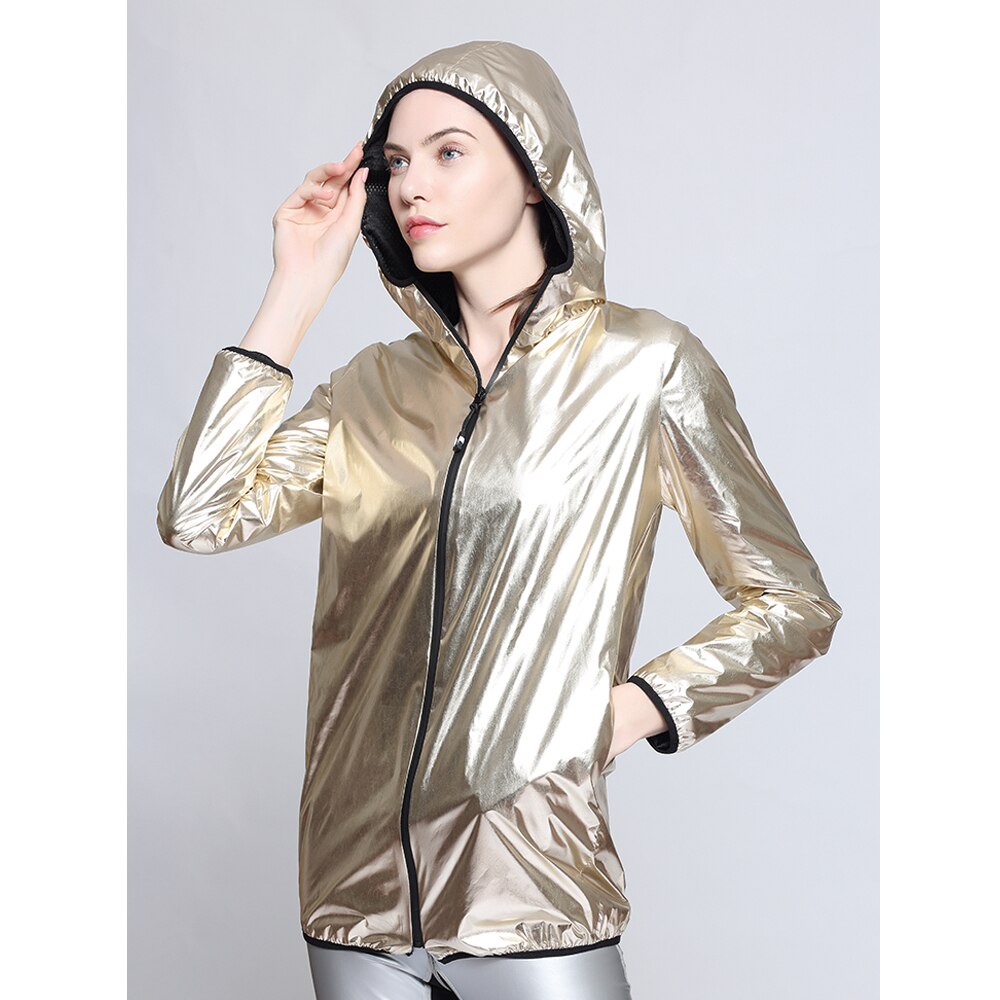 Veste de pluie imperméable métallique dorée légère avec capuche, Trench Long imperméable extérieur coupe-vent de randonnée actif Ultra léger