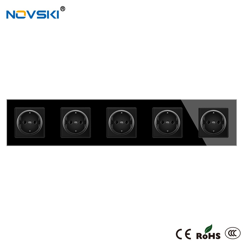 EU Wall Crystal Glass Black Panel Power Socket Triple German Plug Grounded, 16A Quadruple Electrical Socket, 15 Years Warranty: Quintuple Outlets