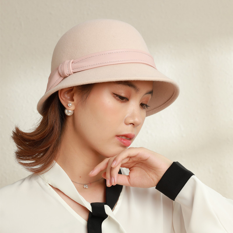 Winter Leather Ribbon 100% Wool Fedora Hats Woman Felt Bucket Hat 55-58cm: nude pink
