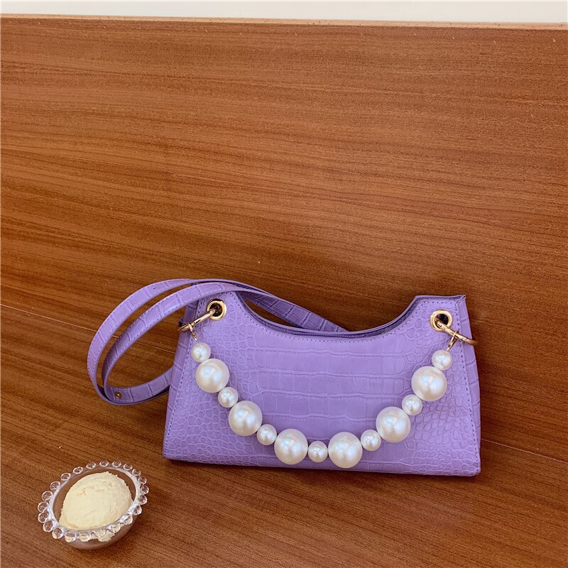 Crossbodytassen van pu-leer met krokodillenmotief voor dames, handtassen met parelmoeren handvat, mini-schoudertas met ketting en messengertas.