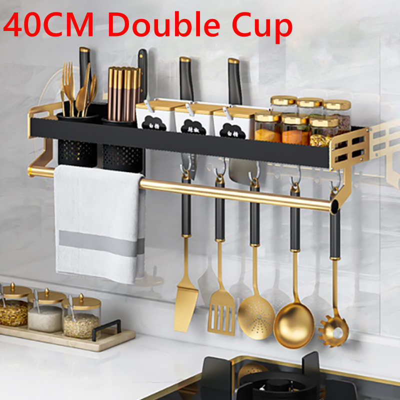 Luxury Kitchen Storage Shelf Wall-mounted Spice Rack Aluminum Multifunctional Storage Rack Kitchen Spice Shelf Kitchen Organizer: 40cm double cup