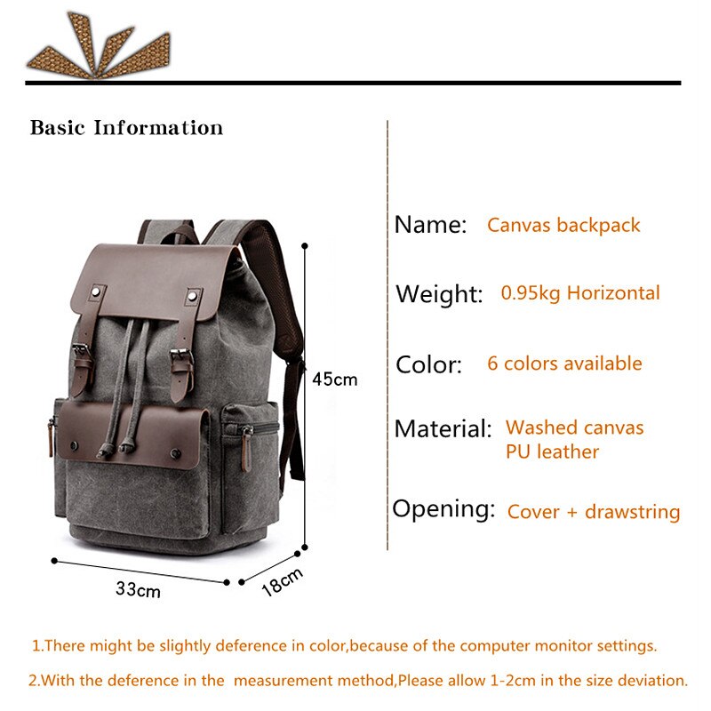 Canvas-rucksack für herren, großes fassungsvermögen, geeignet für laptops bis 17 zoll, kordelzug, lederhülle, reiserucksack, schulrucksack