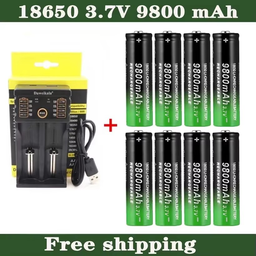 18650 Battery 3.7V 9800mAh Rechargeable Li-ion Battery with Charger - for Flashlight/Torch, Long-Lasting P: Gold