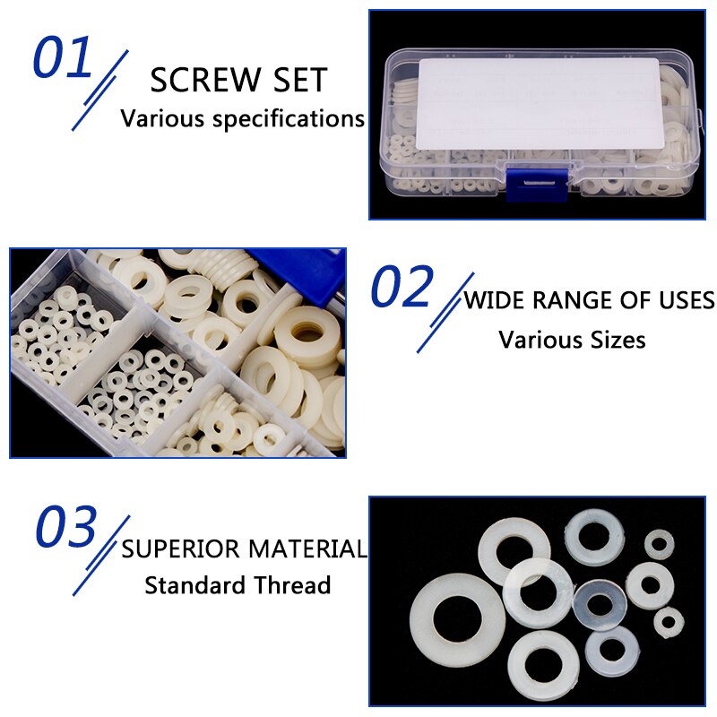 350pcs White Nylon Washer Flat Gasket M2 M2.5 M3 M4 M5 M6 M8 Plastic Sealing O-rings Assortment Kit Protection Washer M28NLB201