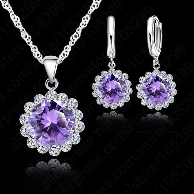 Conjunto de joias para casamento, de alta qualidade, flores solares, prata esterlina 925, zircônio cúbico, conjunto de pingente, colar, brincos, moda feminina: purple