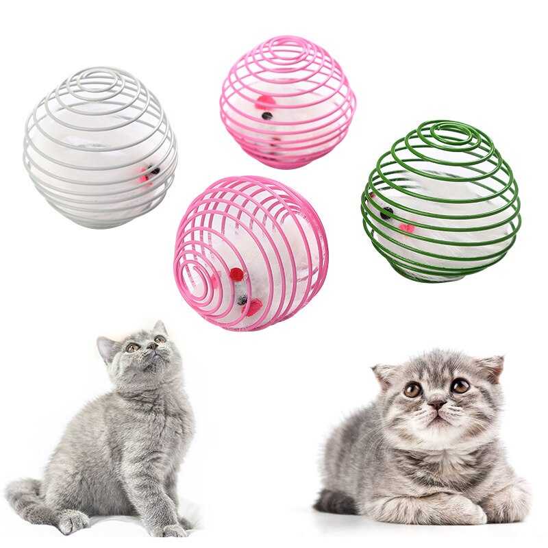1pc gato de juguete interactivo pelotas de goma con el ratón jaula juguetes de plástico Artificial colorido juguete de ingenio para gatos, suministros para mascotas de Color al azar: 04