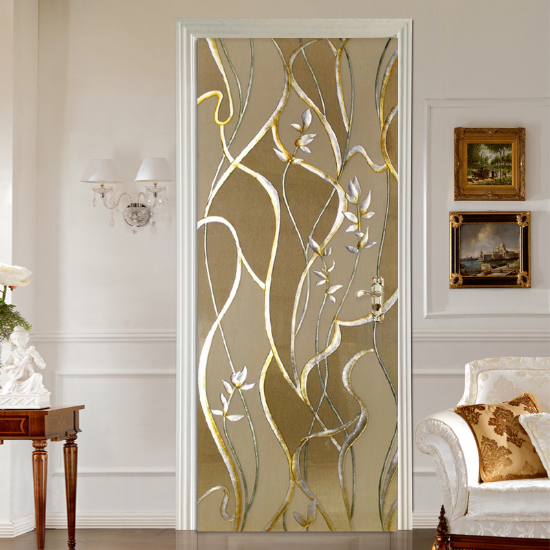 Selvklæbende dørklistermærke europæisk stil mønster gylden linje vægmaleri tapet stue køkken vandtæt 3d klistermærker