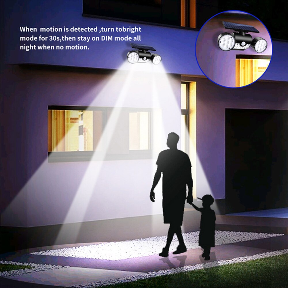 Zonne-energie wandlampen met dubbele kop, 360- graden bewegingsdetectie op zonne-energie, beveiligingsnachtlampjes voor in de tuin