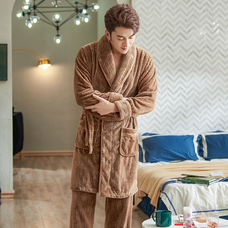Dikke Warme Flanel Robe + Broek 2Pc Winter Fall Mannen Pyjama Pak Coral Fleece Kleed Set Volledige Mouw Nachtkleding mannen Pijamas Homewear
