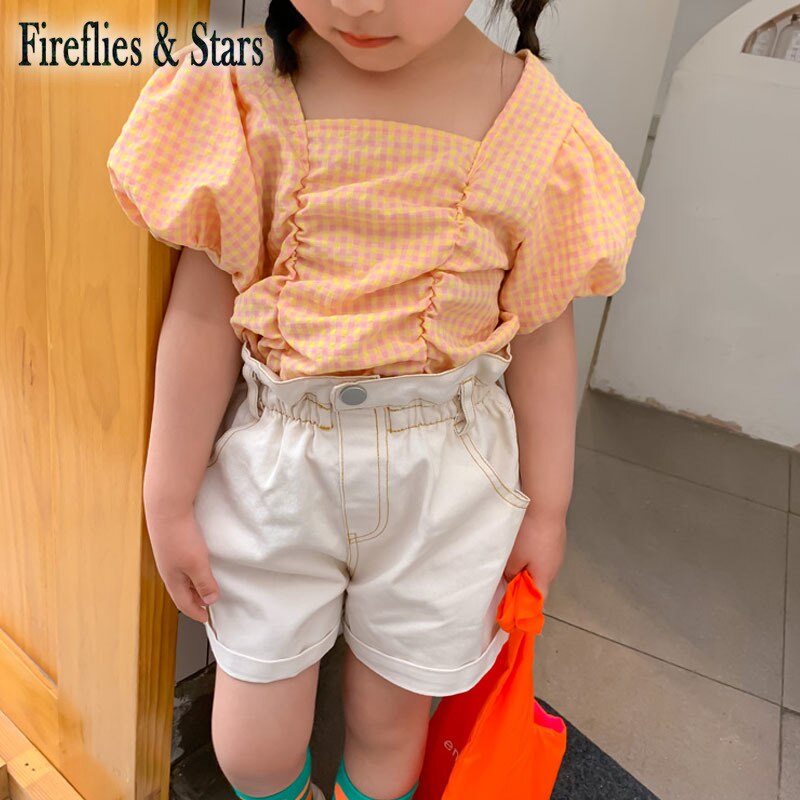 Zomermeisjes blouse baby shirt kinder topjes kinderkleding paars geruit geplooid gerimpeld pofmouw 1 to 9 jaar