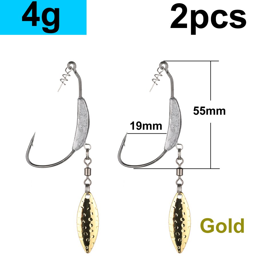 2 szt. Offset haczyki wędkarskie ważony korba hak z łyżeczką cekiny haczyk wędkarski haczyki na ryby nadające się do Texas Rigs wędkarskiego: S2-4g-Gold
