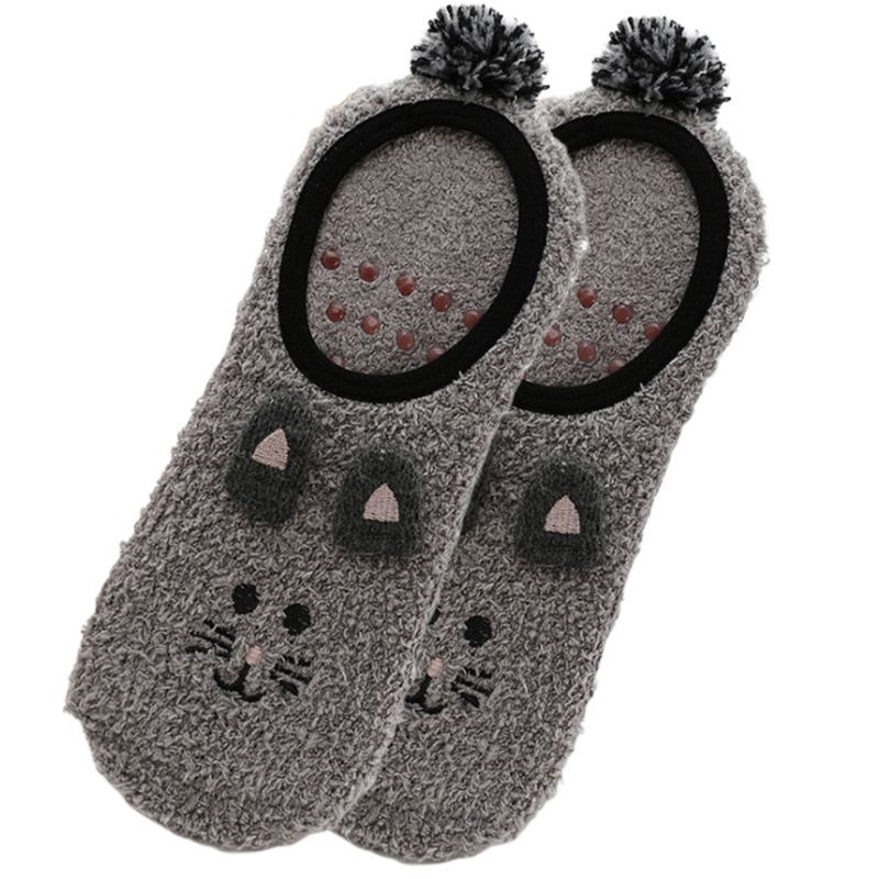 1 Pair Lady Winter Fuzzy Warm Slipper Floor Socks Cute Cartoon Animal Embroidery Coral Velvet Hosiery Footlet Sock Warmer: 2