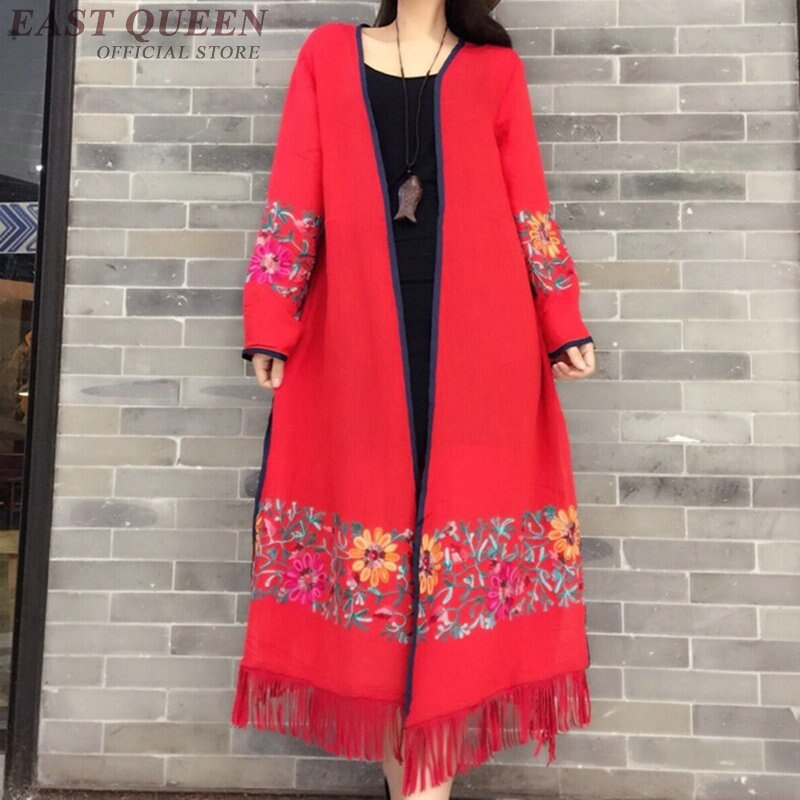 Plus Size Borduurwerk Katoen Linnen Kimono Vrouwen Kwasten Kimono Lady &#39;S Chinese Stijl Kimono Maxi Shirts Lange Tops FF706