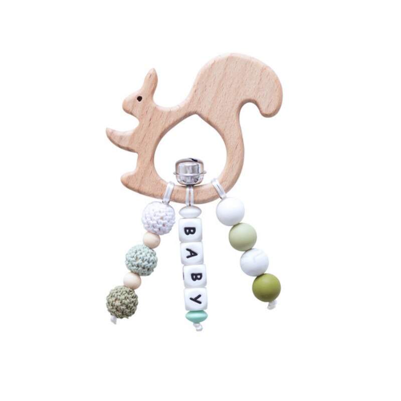 1pc Del bambino Sonaglio tamburo di Legno di Faggio Animale Del Fumetto Giocattoli silicone Massaggiagengive per I Denti Perline Personalizzati Nome Del bambino Fatti A Mano Dentizione Giocattoli