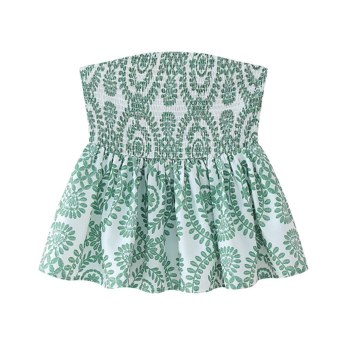 Top corto con estampado floral, busto fruncido, camisola sin tirantes, parte inferior con volantes, ropa de verano para mujer: M / Raíz de loto color